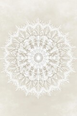 This artistic winter background features a large, intricate snowflake mandala in soft white tones