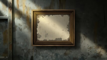 Empty picture frame on aged wall with sunlight and shadow effects
