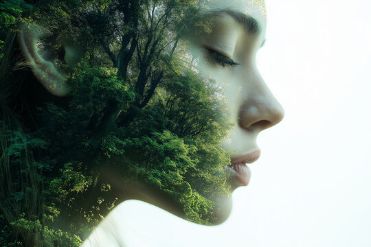 Double exposition artistique de visage de femme et for&ecirc;t luxuriante, harmonie avec la nature