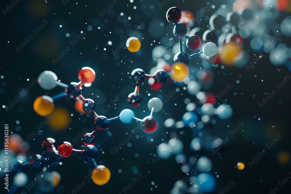 Poster 3d rendering of colorful molecules floating in abstract microscopic structure