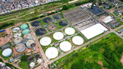 Aerial View of the São Bernardo do Campo Sewage Treatment Plant - Essential Urban Infrastructure in Brazil.