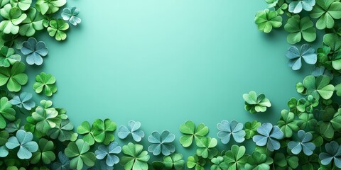 A minimalist flat lay of glittery green clovers on a bright green background, symbolizing luck and Irish traditions. Perfect for St. Patrick's Day-themed designs and promotional content.