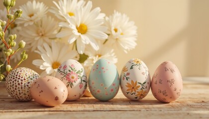 Obraz premium Colorful decorated Easter eggs with floral patterns, cheerful mood, spring decoration, bright background