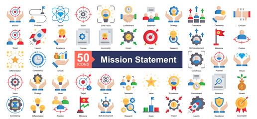Mission Statement Icon Collection Set.Containing Mission, Purpose, Values, Vision, Core Focus, Commitment, Statement, Strategy icon. Simple flat style Vector Illustration.