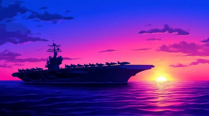 Obraz premium Modern Warship Aircraft Carrier Sunset - Majestic aircraft carrier silhouetted against a vibrant sunset, symbolizing power, freedom, peace, hope, and the vastness of the ocean.
