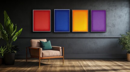 Fototapeta premium A modern abstract art piece with four colorful squares above an armchair in an office lounge with dark grey walls, wooden floors, and a potted plant