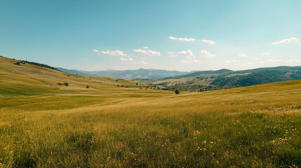 Panoramic Countryside with Rolling Green Hills and Bright Sunny Fields in a Tranquil Rural Landscape






