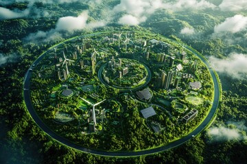 Futuristic eco-city design showcases greenery, circular layout,