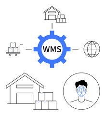 Central WMS gear connected to a warehouse, pallet truck, boxes, globe, face recognition icon. Ideal for logistics, warehouse optimization, inventory management, supply chain global trade AI
