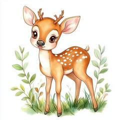 Illustration of the White-tailed Deer walking through the forest, soft watercolor tones, white background, detailed illustration, cartoonish.