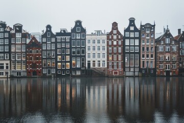 Fototapeta premium Traditional dutch houses are reflecting on the calm water of a canal in amsterdam