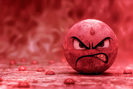 High quality emoticon on white background. Angry and grumpy emoji. Red face emoji with angry eyes and mouth. Popular chat elements. Trending emoticon.