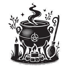 The Black Cauldron Silhouette Vector Illustration, Solid White Background.