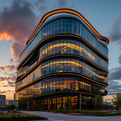 Modern glass office building at sunset.  Curved architecture illuminated from within.