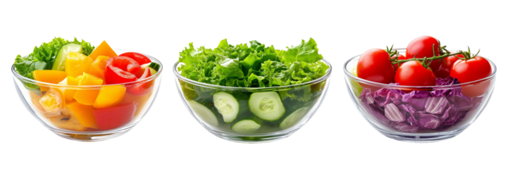 A collection of three different salad dishes in glass bowls, each with fresh green lettuce and colorful vegetables like tomatoes or cherry peppers, isolated on transparent background png