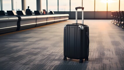 The sleek and robust design of the lost black hardshell carry-on roller luggage captures the final rays of the day as it sits unattended in the airport baggage claim area at dusk.