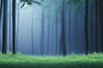Morning Mist Forest - Serene morning mist shrouds a mystical forest. Tall trees stand silhouetted, ferns carpet the ground, symbolizing peace, mystery, tranquility, nature's beauty, and hidden secrets