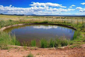 Obraz premium Reflective pond surrounded by lush grass and vast cloudy sky cre