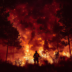 Fototapeta premium A Firefighter puts out a fire in a burning forest