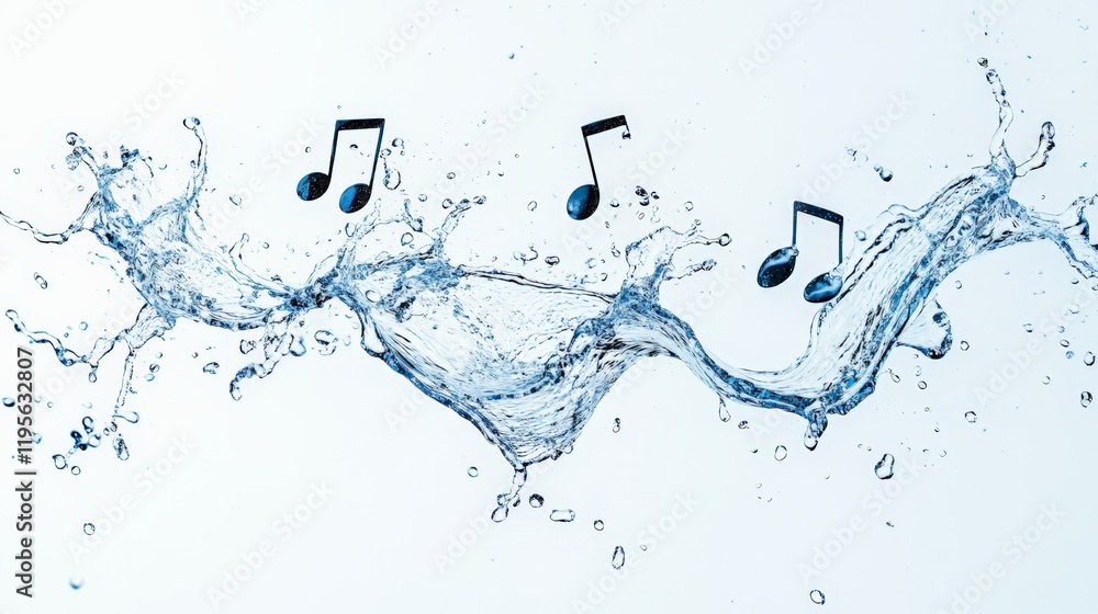Poster Three musical notes playfully interact with a dynamic splash of water, creating a harmonious blend of music and liquid motion against a clean white backdrop