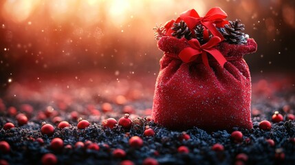 Festive red sack filled with pine cones and surrounded by decorative red ornaments in a snowy setting