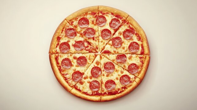 Delicious pepperoni pizza with cheesy crust and sliced toppings on a plain background - Powered by Adobe