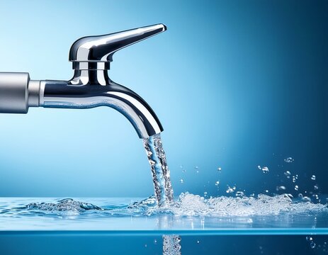mixer tap with flowing water blue background