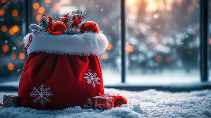 Cozy Christmas scene featuring a festive red sack filled with ornaments and gifts by a snowy window