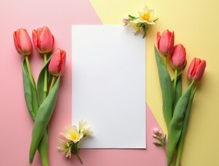 Composition with blank card and beautiful flowers tulip on colored background. top view with space for you design