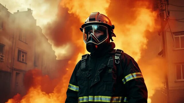Brave firefighter on a fire background