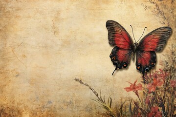 Colorful butterfly on a vintage textured background with flowers and copy space
