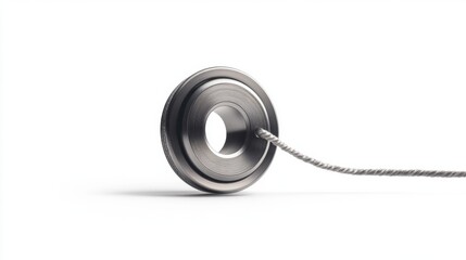 A close-up of a metallic pulley with a rope elegantly threaded through it. This image showcases engineering beauty and simplicity. Perfect for design concepts. Generative AI