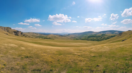 Fototapeta premium Panoramic Countryside with Rolling Green Hills and Bright Sunny Fields in a Tranquil Rural Landscape