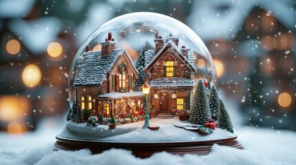 Cozy snow globe with festive village scene and glowing lights in winter wonderland