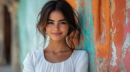Fototapeta premium Young woman in a white shirt leans against a vibrant textured wall in a charming urban