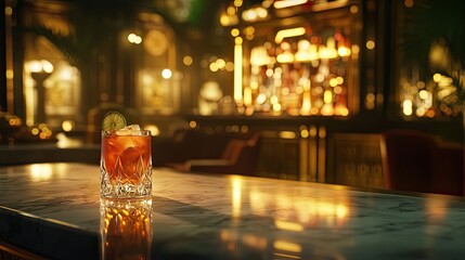 Glass with vibrant drink sits on polished bar, warm ambient ligh