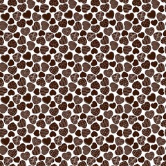 Seamless pattern stylized chocolate hearts illustrations with unique patterns including squiggly lines, swirls, florals, lattices and other decorative elements. Hand drawing in a minimalist style.