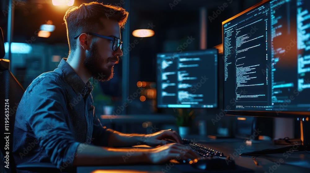 Poster focused programmer coding late night