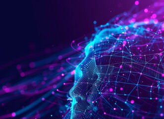 A futuristic digital face represented with neon blue and pink lines, symbolizing artificial intelligence and neural networks