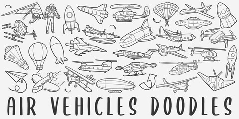 Air Vehicles Doodle Icons. Hand Made Line Art. Aircraft Clipart Logotype Symbol Design.