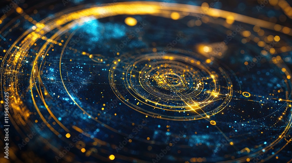 Poster swirling cosmic patterns with luminous golden particles and deep