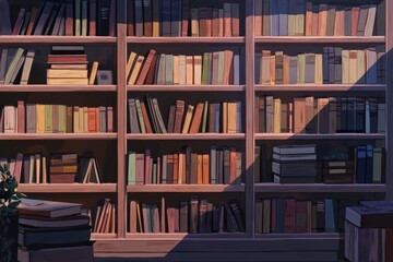 Fototapeta premium Sunlit Bookshelves - A sunlit illustration of a large wooden bookcase filled with many books.