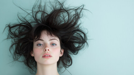 Naklejka premium Model Poses With Wild, Untamed Hair Against a Pale Green Background, Showcasing Natural Beauty and Unique Style in a Creative Portrait Taken in a Studio Setting