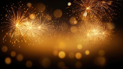 Fototapeta premium Gold Party Fireworks Celebrate Happy New Year and Holiday. 2023 Countdown with Golden Rockets in Night Sky. Festive Background for Summer Day or 4th of July