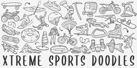 Extreme Sports Doodle Icons. Hand Made Line Art. Activity Clipart Logotype Symbol Design.
