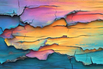 Fototapeta premium A painted wooden surface with peeling layers, exposing vibrant, dynamic textures beneath