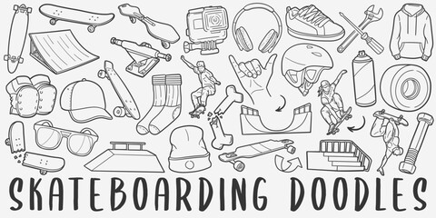Fototapeta premium Skateboarding Doodle Icons. Hand Made Line Art. Skateboard Park Clipart Logotype Symbol Design.