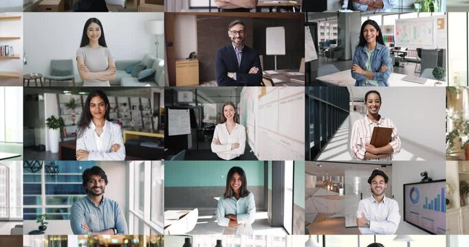 Zoom out collage view of diverse people, individuals of different ages, generations, ethnicities, and career roles, looking at camera, posing with arms-crossed at home and workplace office, portraits