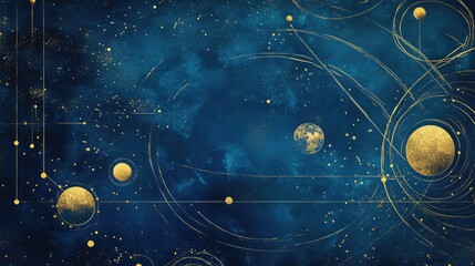 Cosmic landscape featuring golden planets amidst deep blue space