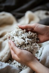 Hands gently holding textured bundle of soft, crumpled fabric, e